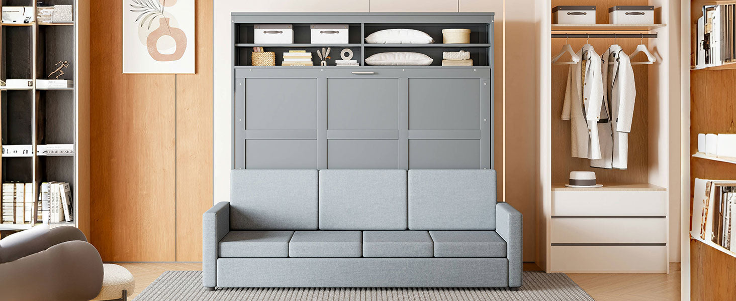 Queen Size Murphy Bed Wall Bed With Sofa,Gray Queen Gray Mdf Lvl