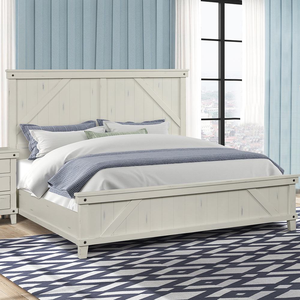 Queen Industrial Farmhouse Bed White Solid Wood Mdf