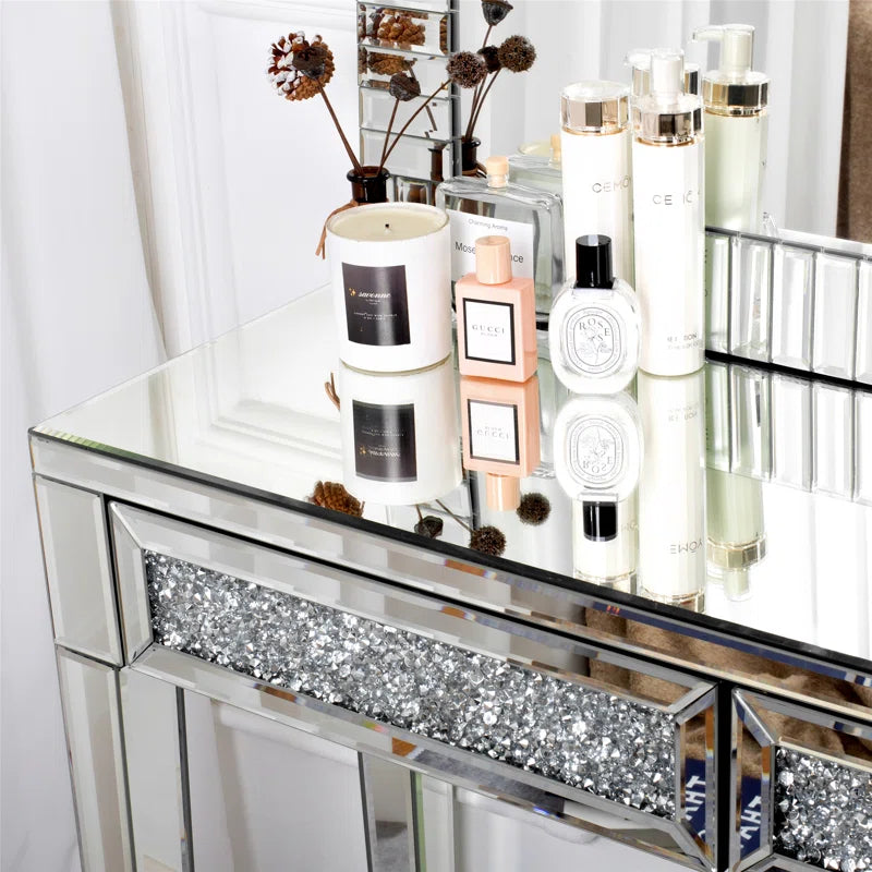 Mirrored Vanity Table Diamond Inlay 2 Drawer Silver Drawer 2 Drawers Bedroom Luxury,Modern Mirrored Finish Mirrored Mdf Glass,Mirror