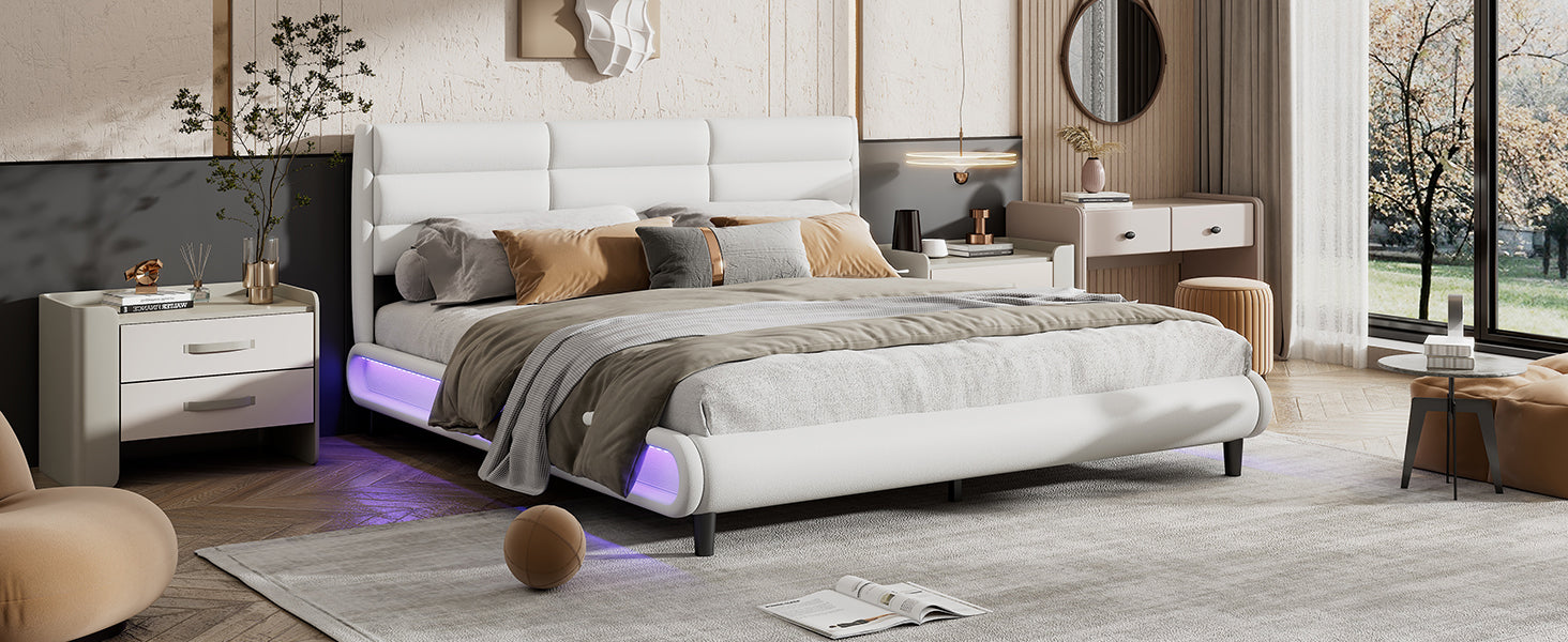 King Size Upholstered Platform Bed With Led Light Strips,White King White Upholstered