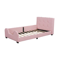 Twin Size Upholstered Platform Bed With Guardrail, Pink Box Spring Not Required Twin Pink Wood Faux Leather Upholstered