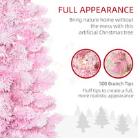 Homcom 6Ft Prelit Snow Flocked Artificial Christmas Tree With Pencil Shape, Pine Realistic Branches, Warm White Led Lights, Auto Open, Pink And White Pink Plastic