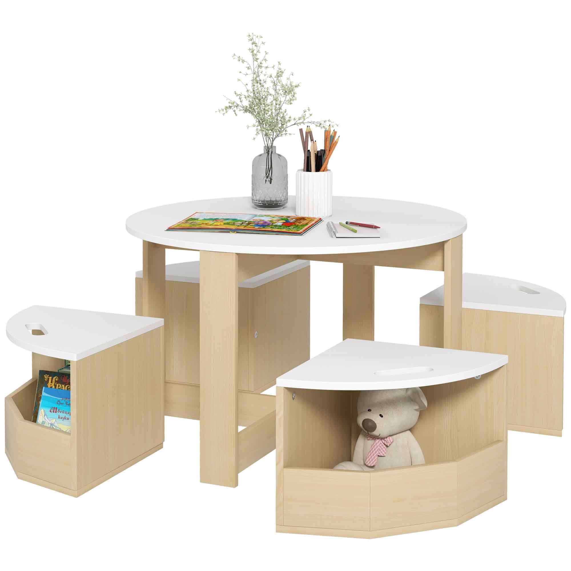 Qaba Kids Table And Chairs Set, 5 Piece Toddler Table And Chairs Set With Storage For Art, Craft, Drawing, Playroom, Classroom, Nursery, White White Mdf