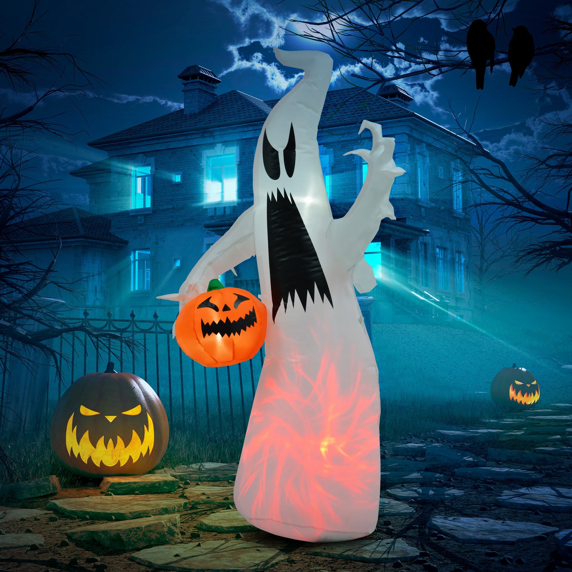 Homcom 5.9' Halloween Inflatable Outdoor Decoration Ghost With Pumpkin, Blow Up Led Yard Decor For Garden, Lawn, Party, Holiday, Waterproof White Polyester