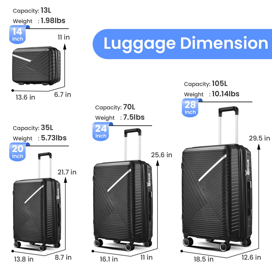 Luggage Sets 4 Piece 14 20 24 28 , Expandable Lightweight Suitcase With 4 Double 360 Degrees Mute Spinner Wheels Pp Materials Durable Tsa Lock Travel Luggage Black Polypropylene