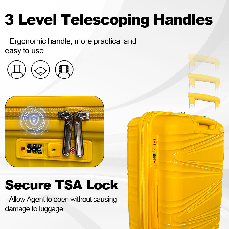 Hard Shell Luggage, 3 Piece Set, With Tsa Lock, 20 Inches 24 Inches 28 Inches Antique Yellow Polypropylene