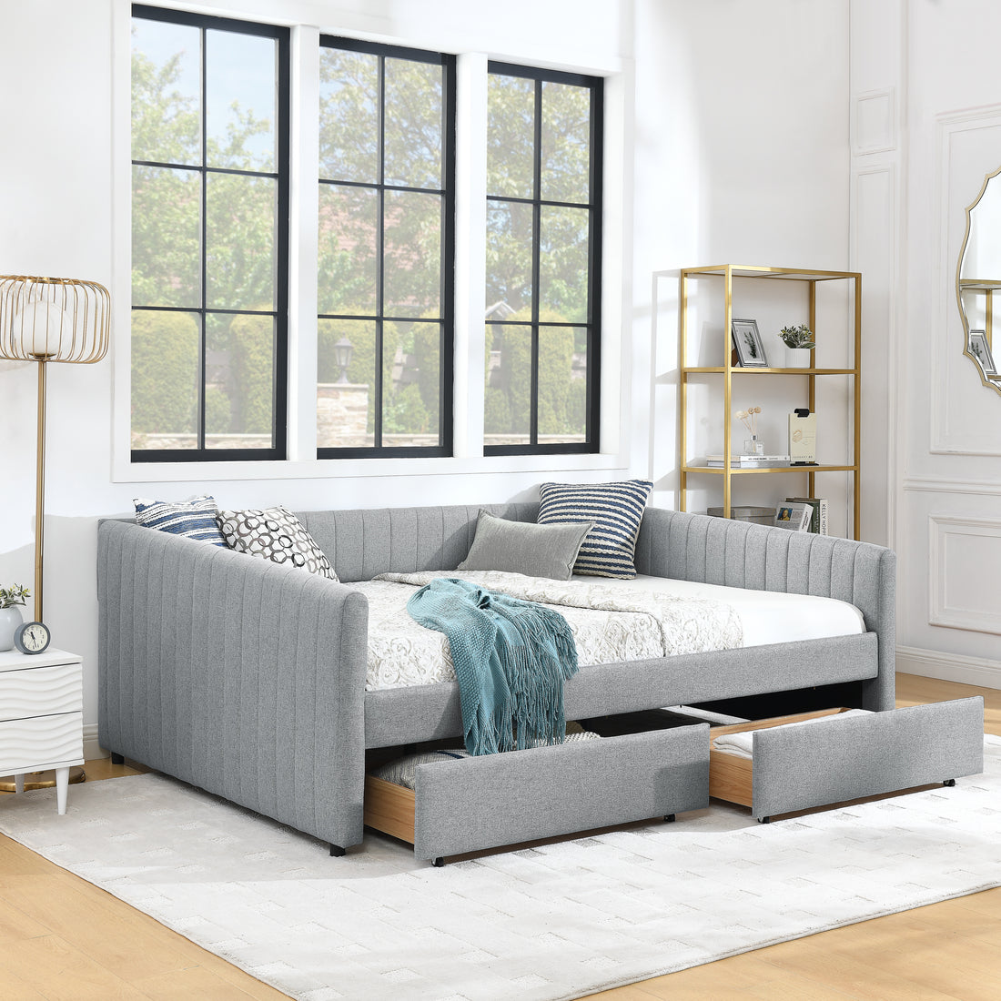 Queen Size Daybed With Two Drawers Trundle Upholstered Sofa Bed, With Vertical Stripes Linen Fabric, Grey 86.5"X65"X30" Grey Linen