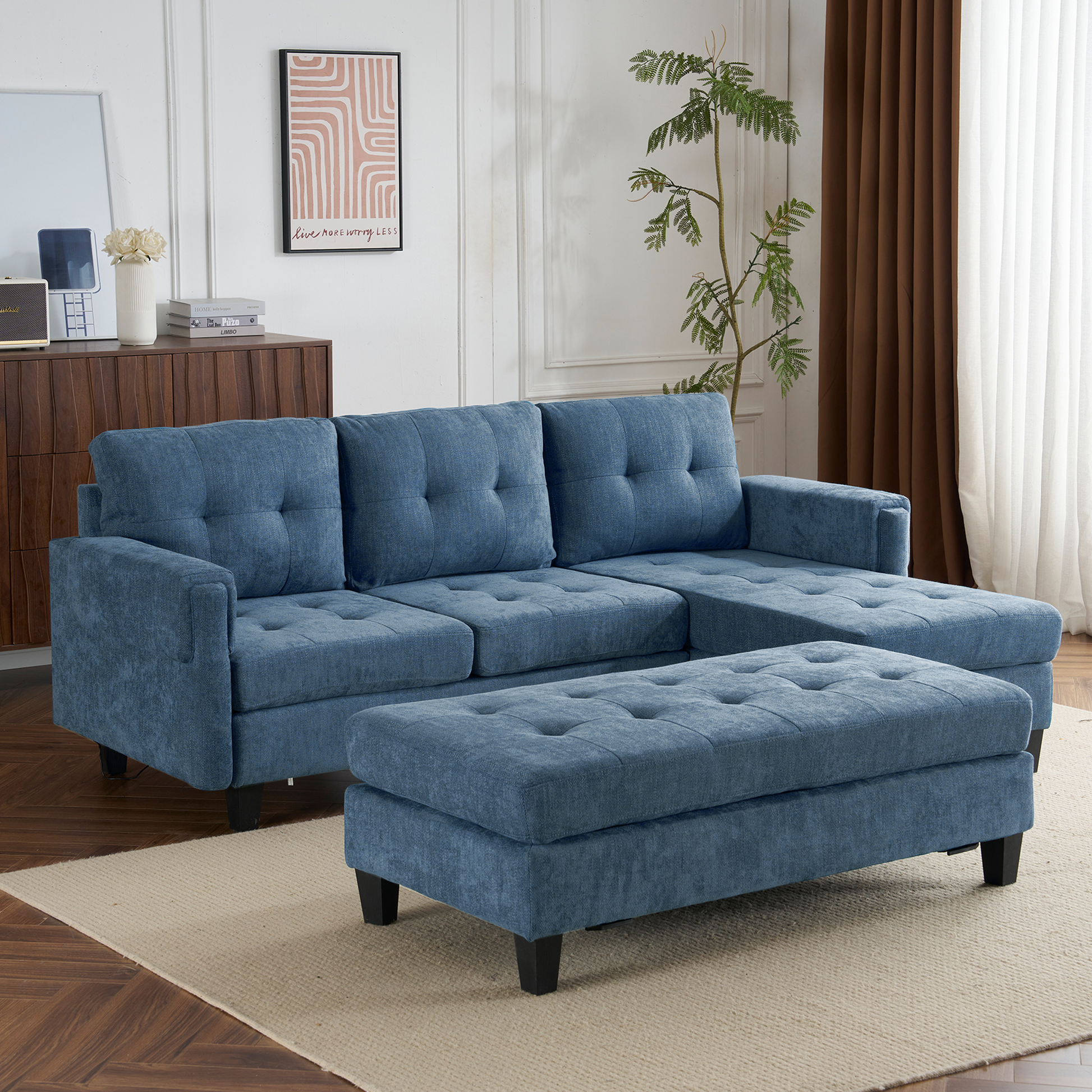 83.4" L Shaped Sofa Sectional Couch Sofa Bed With Two Usb Ports, A Movable Ottoman And A Reversible Chaise Lounge For Living Room, Navy Blue Navy Blue Foam Chenille 5 Seat