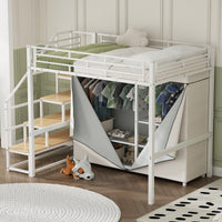 Full Size Metal Loft Bed With Wardrobe And Storage Shelves, White Box Spring Not Required Full White Metal Mdf Metal