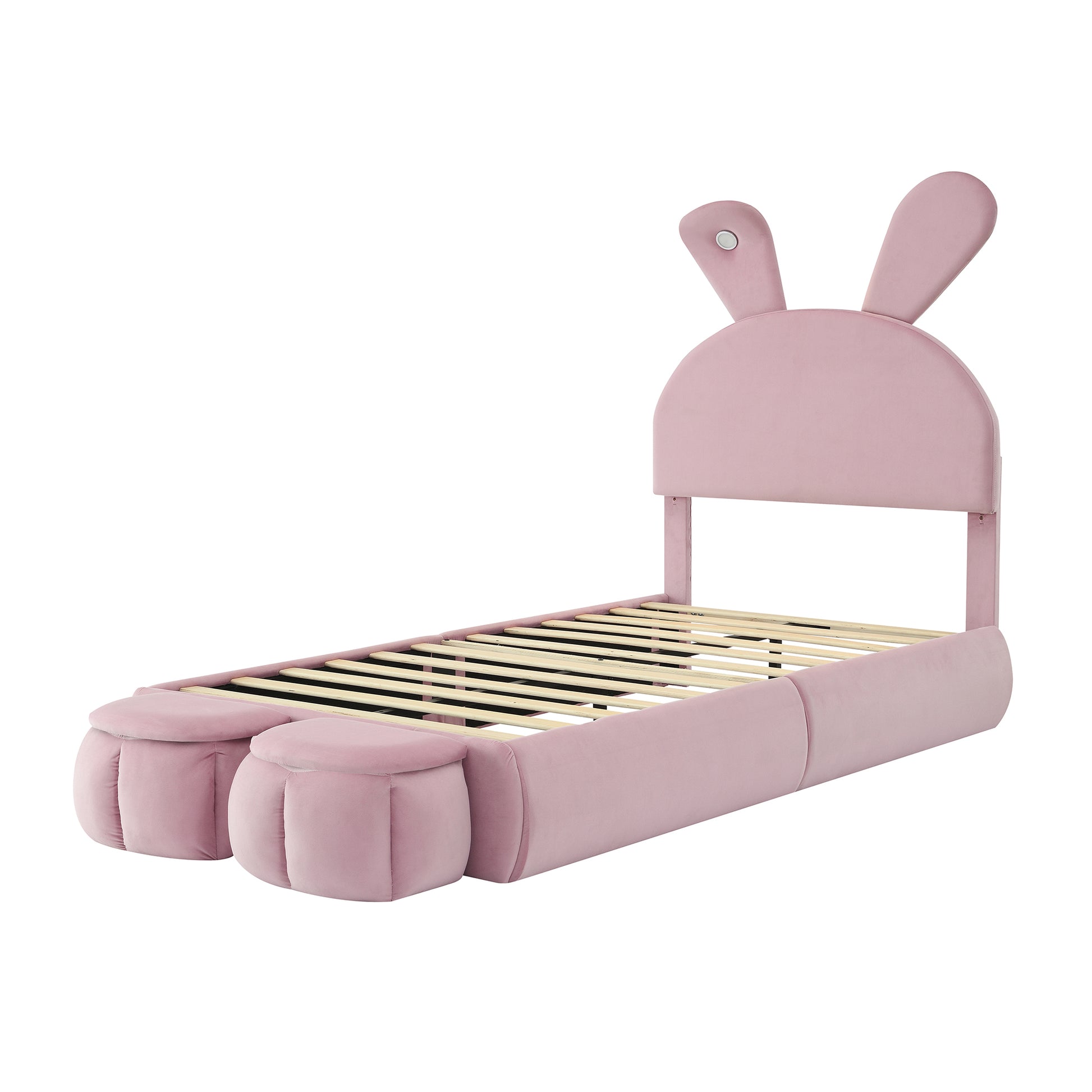 Twin Size Upholstered Platform Bed With Cartoon Ears Shaped Headboard And Light, Pink Box Spring Not Required Twin Pink Wood Bedroom Bed Frame Velvet Upholstered