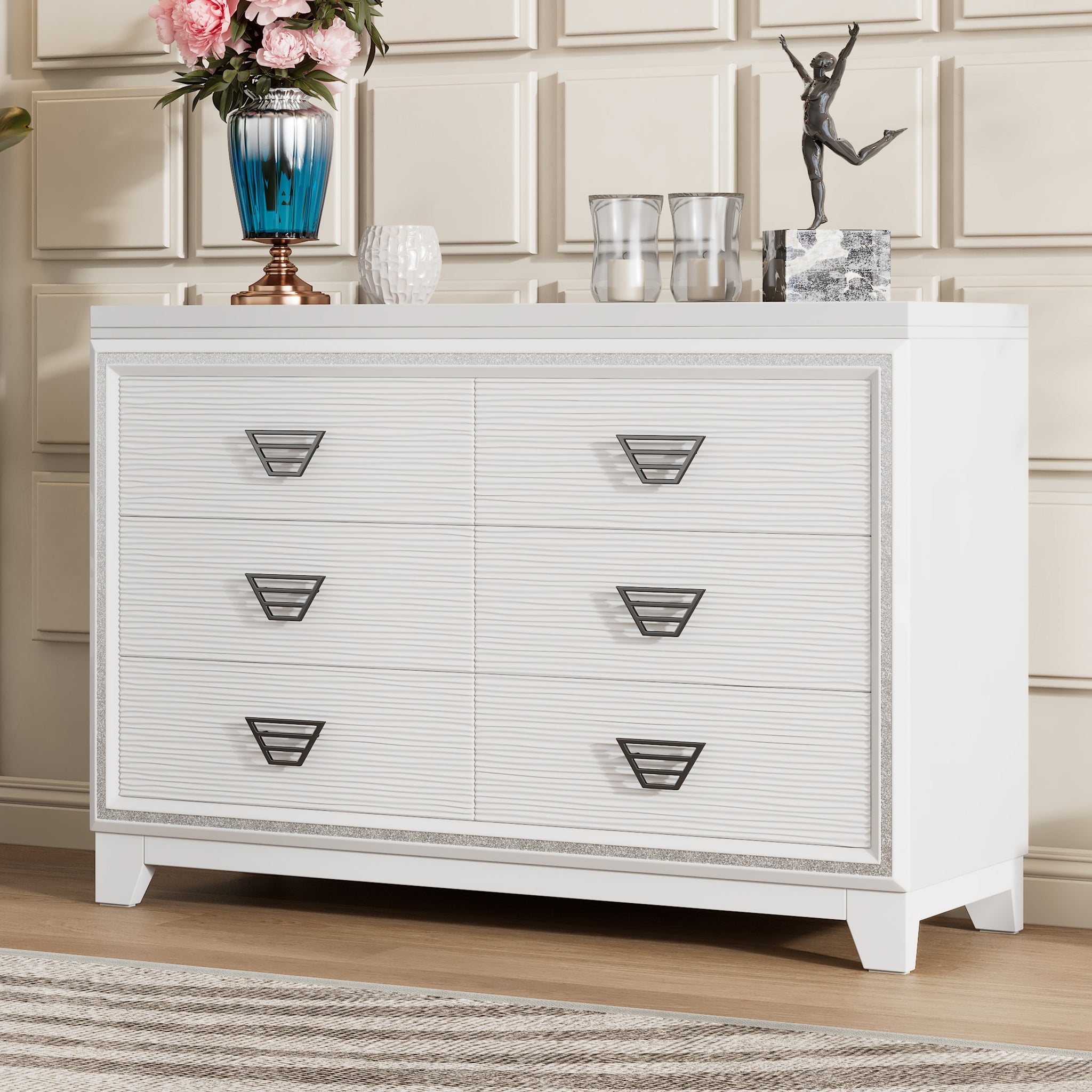 Elegant Dresser With Metal Handle And Sparkling Shiny Decoration, Storage Cabinet With 6 Drawers For Bedroom, Living Room, White White Mdf Metal