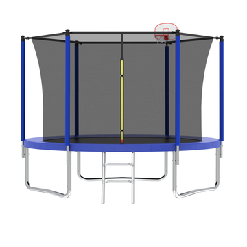 10Ft Trampoline For Kids, Basketball Hoop And Ladder, Outdoor Kids Trampoline With Safety Enclosure,Fast Assembly For Backyard Fun,Astm Approved Blue Metal