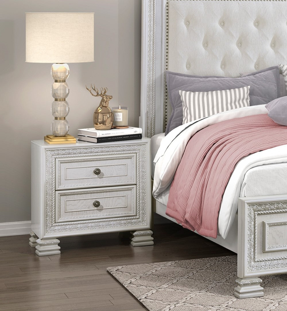 Classic Luxury Pearl White Finish Nightstand Of 2X Drawers Wooden Bedroom Furniture 1Pc, Dart Molding Design White 2 Drawers Wood