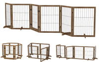 Dog Gate With Door Pet Dog Fence Barrier 6 Panels 144 Inch Wide 32 Inch Tall Foldable Multiple Shapes Freestanding With Support Feet Indoor Use For House Doorway Stairs Plant Stand Brown Pet Barrier Medium 26 40 Lbs Solid Wood