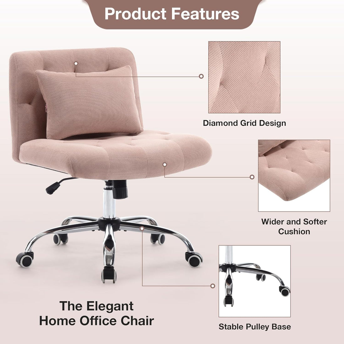 Armless Fabric Office Desk Chair With Wheels, Criss Cross Legged Wide Seat Chair, Modern Home Office Chair With Lumbar Pillow, Comfy Computer Task Chair For Small Space, Vanity Chair For Women