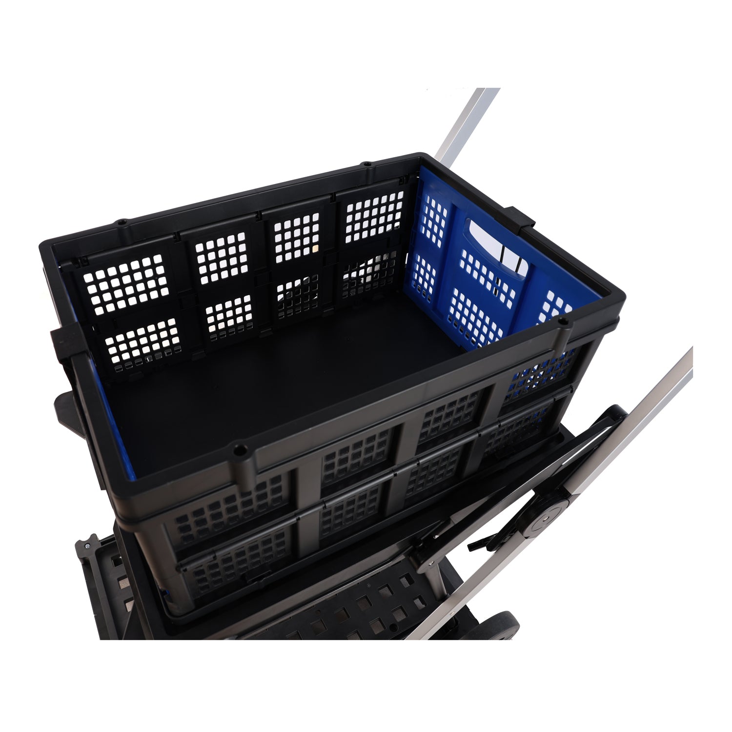 Folding Service Cart With Wheels Double Decker, Shopping, Library, Office Warehouse Moving Carts Black Blue Plastic