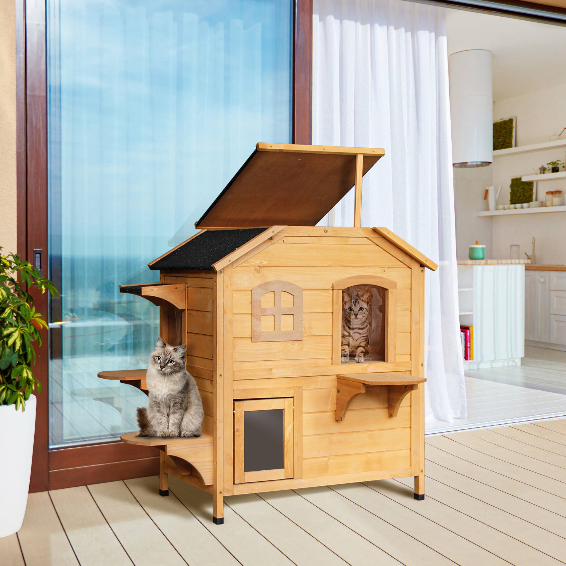 Pawhut 2 Story Cat House Outdoor, Weatherproof Wooden Cat Enclosure For Feral Cats With Escape Door, Openable Roof, Jumping Platforms, Natural Natural Wood Wood