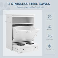 Pawhut Pet Feeder Station Storage Cabinet, Dog Food Storage Container With Dog Raised Bowls And Hanger For Feeding & Watering Supplies, White White Mdf