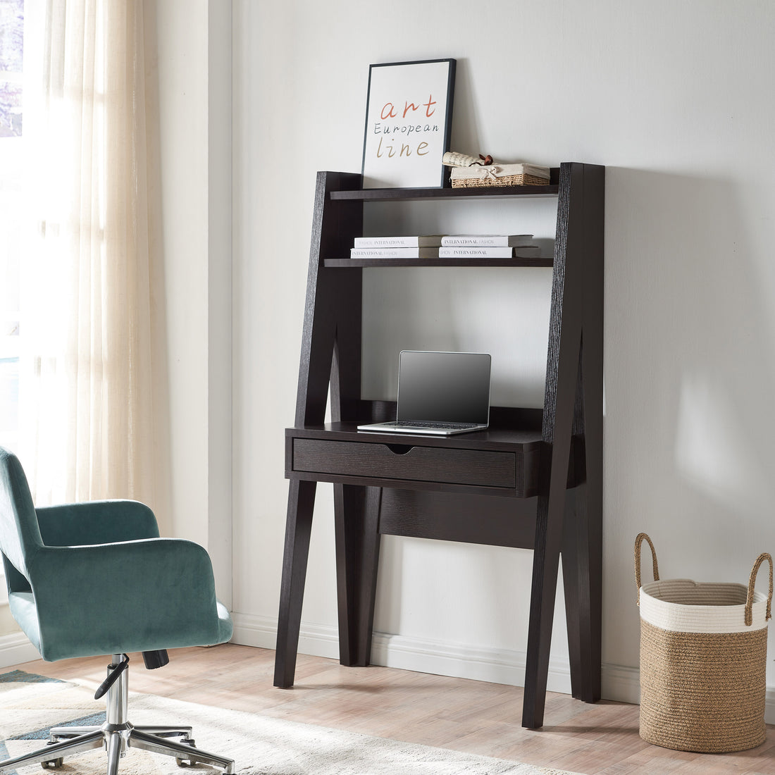 Ladder Desk With 2 Shelves And Drawer Dark Brown Mdf