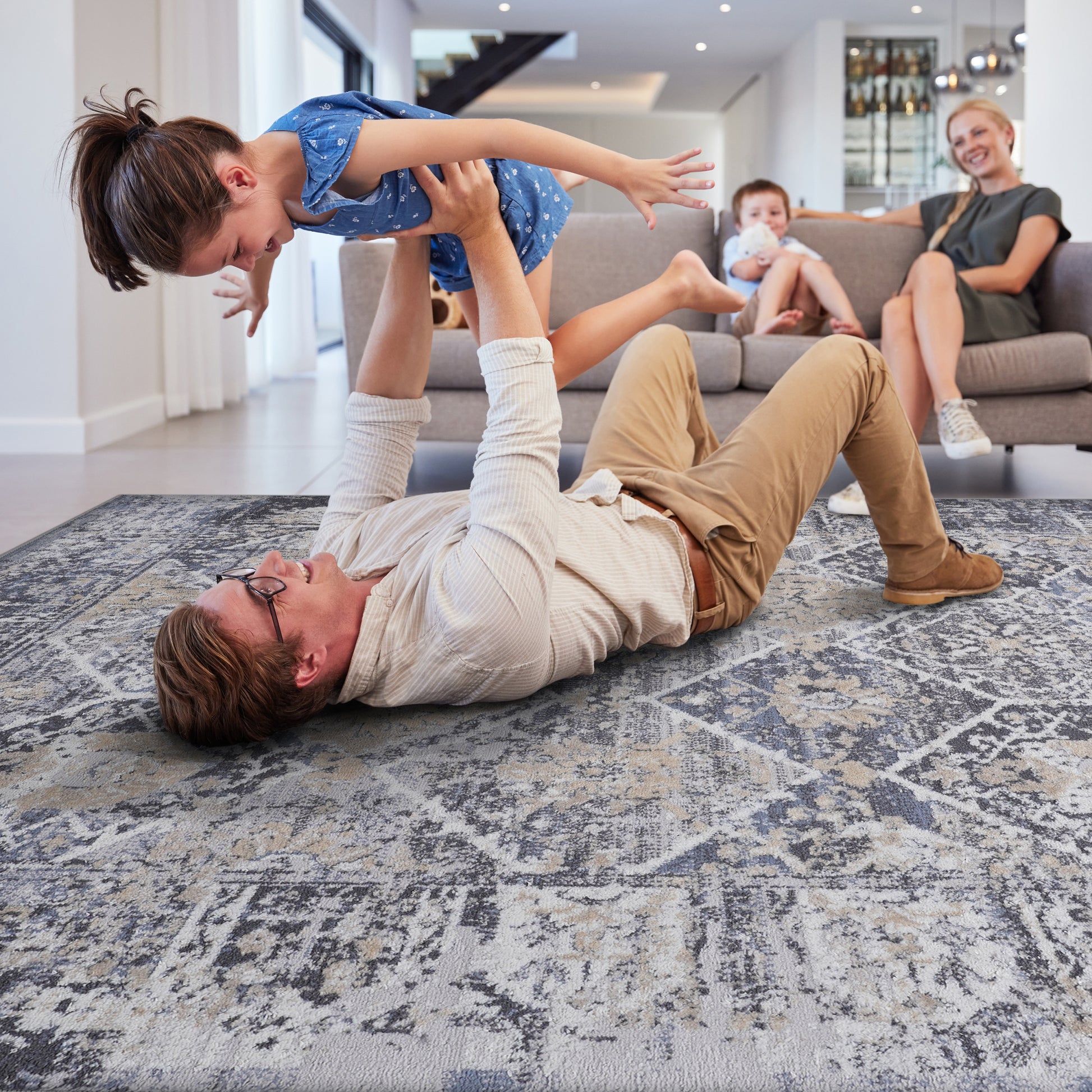 5X7 Grey Blue Traditional Non Shedding Living Room Bedroom Dining Home Office Stylish And Stain Resistant Area Rug Grey Blue Polyester