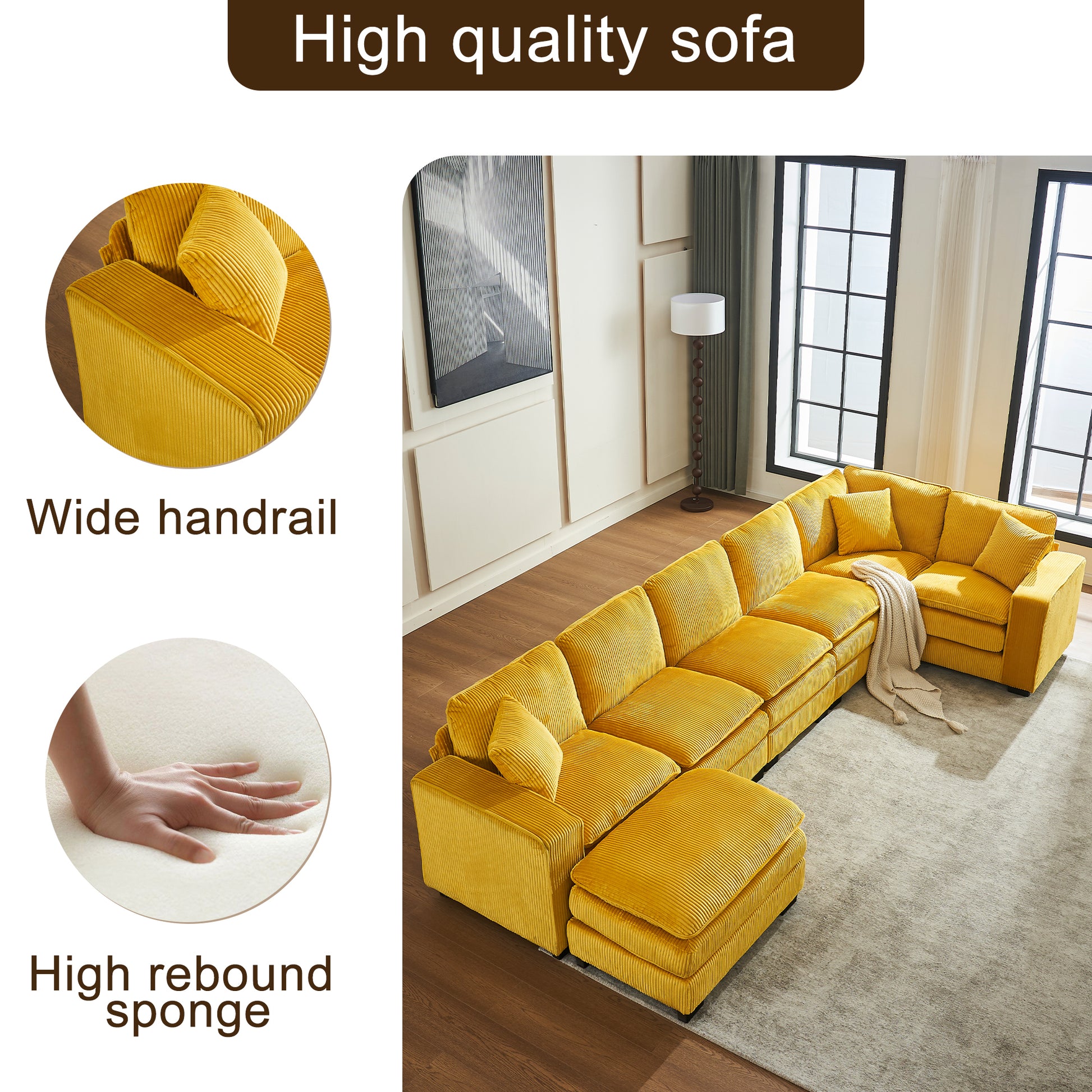 Modern U Shaped 6 Seat Sectional Sofa Couch With One Ottoman And Three Toss Pillows ,Modular Sofa For Living Room,Corduroy Sofa Yellow Corduroy 7 Seat