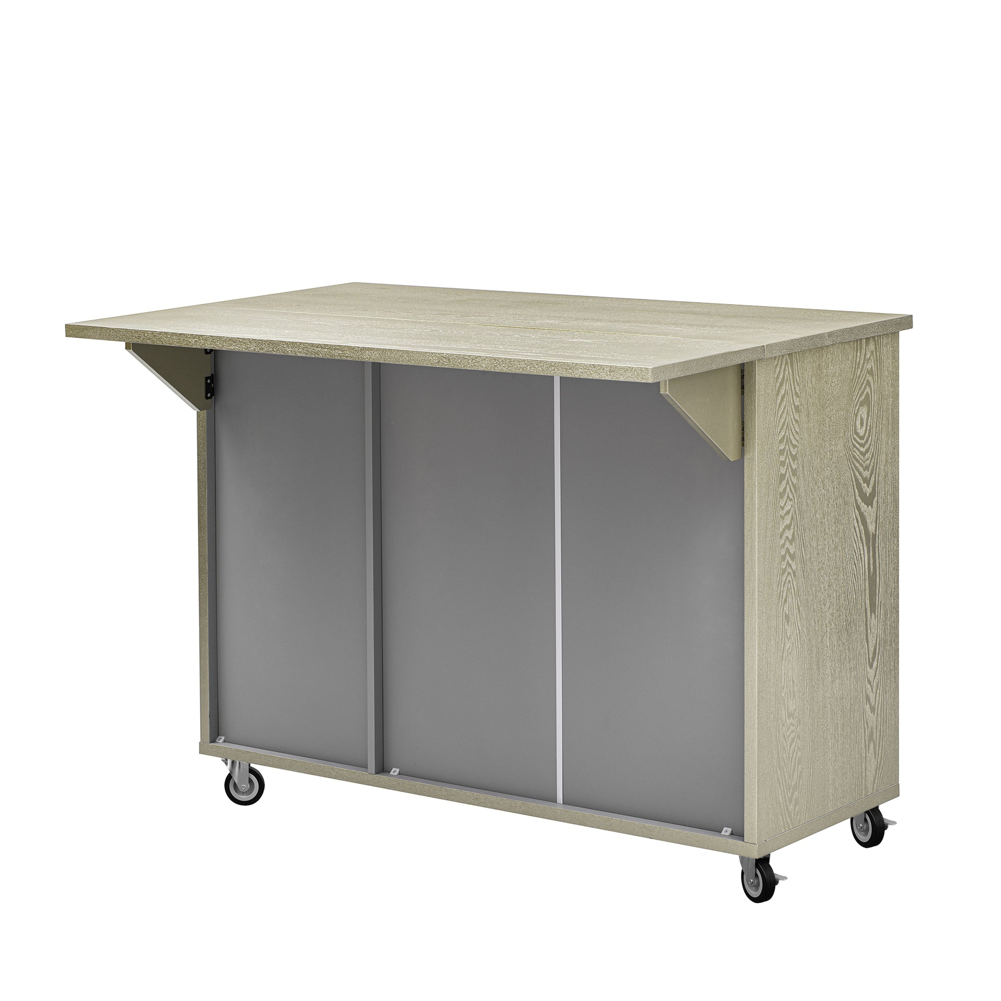 K&K 51.2"W Ash Veneer Not Cheap Paper Solid Wood Handwoven Kitchen Island With Drop Leaf, Coastal Kitchen Island On Wheels With Internal Storage Rack, Rolling Kitchen Cart, Champagne Champagne