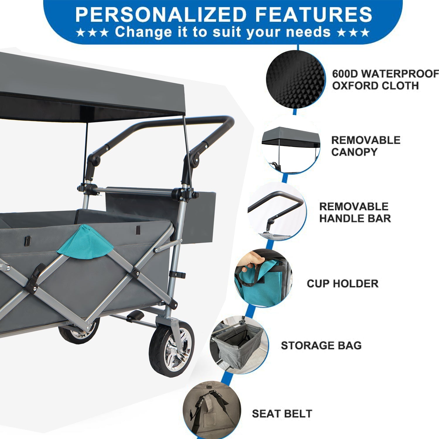 Push & Pull Utility Folding Wagon With Removable Canopy Gray Oxford Fabric Metal