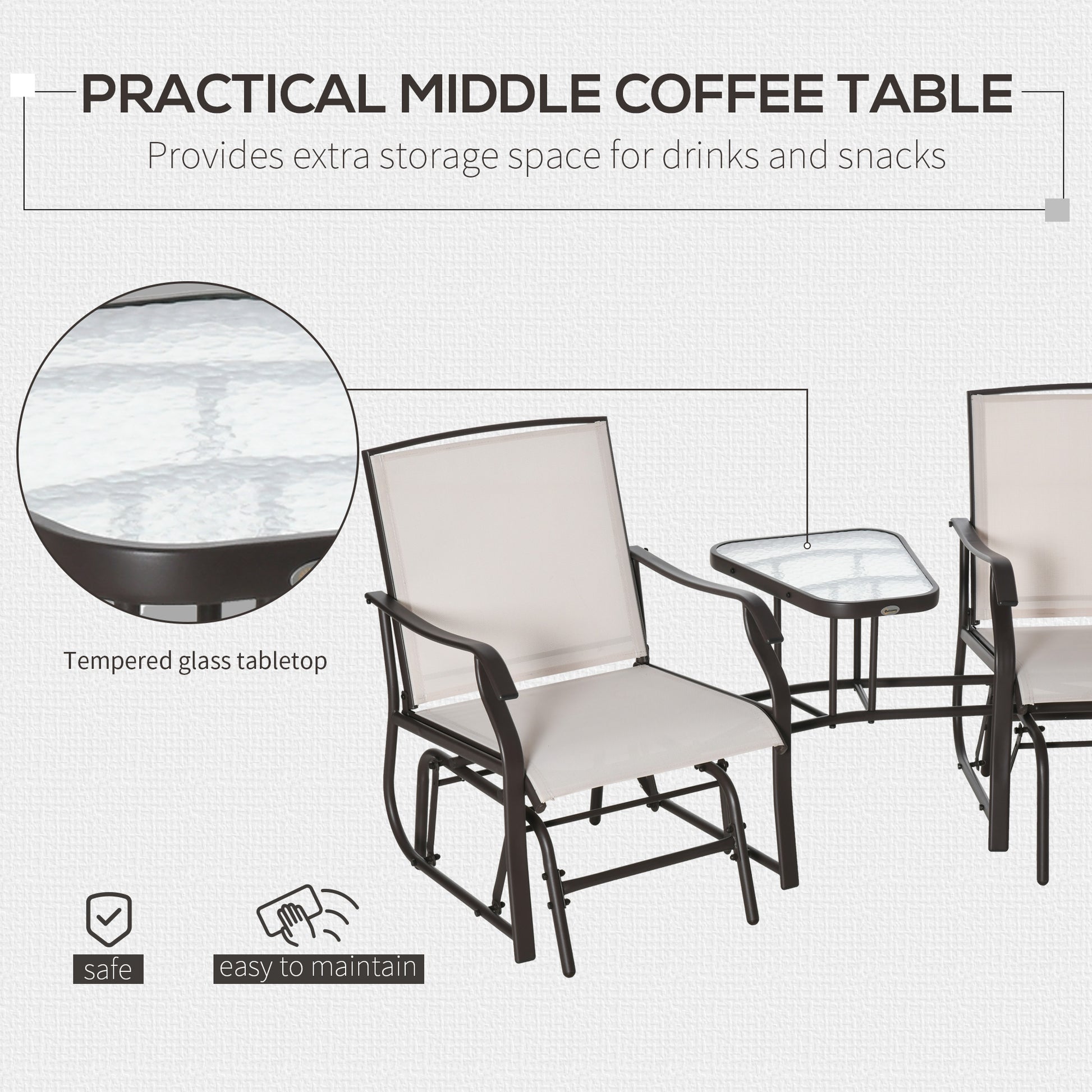 Outsunny Outdoor Glider Chairs With Coffee Table, Patio 2 Seat Rocking Chair Swing Loveseat Withsling For Backyard, Garden, And Porch, Beige Beige Fabric Metal