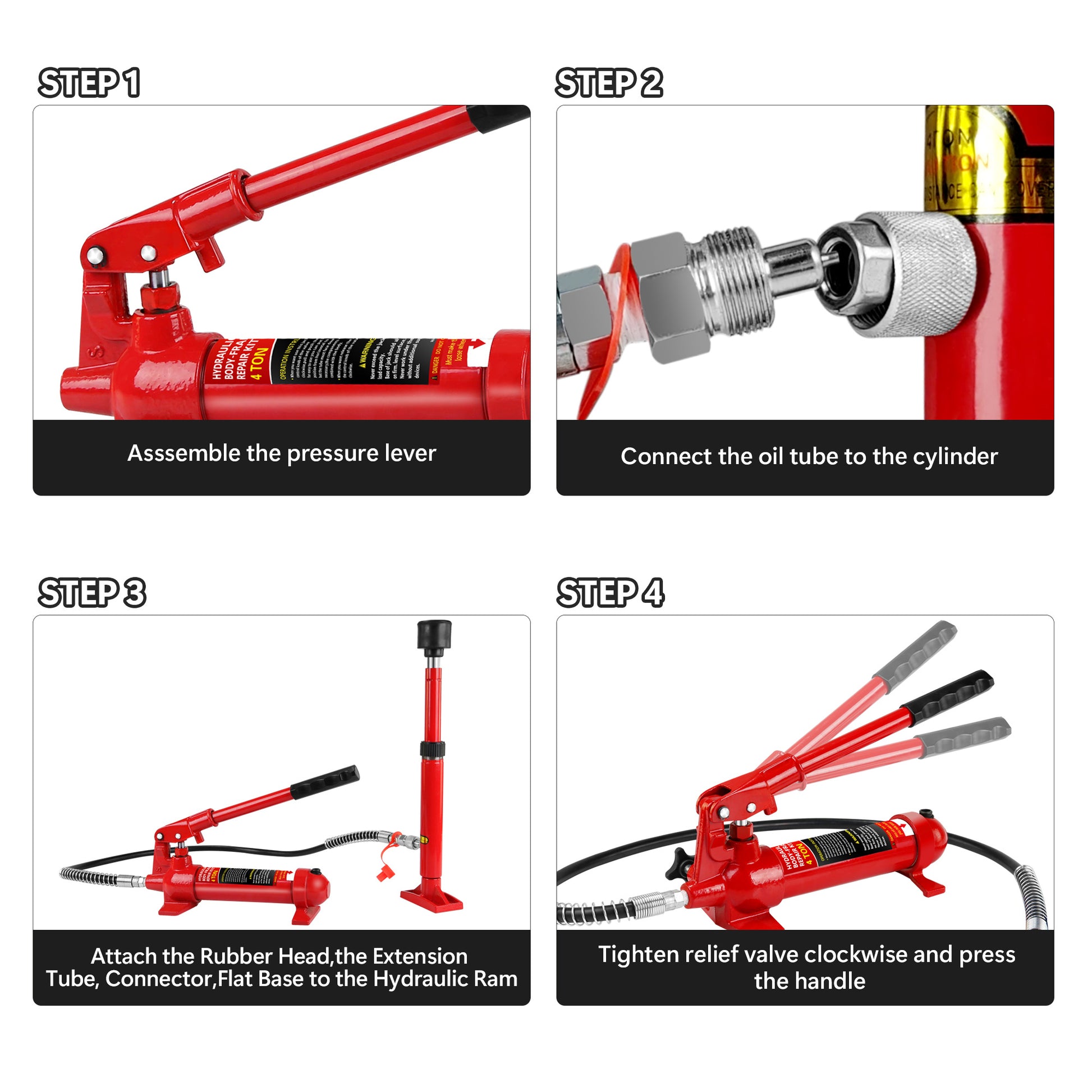 4 Ton Porta Power Kit, Portable Hydraulic Jack With Oil Hose, Auto Body Frame Repair Kit With Storage Case For Car Repair, Truck, Farm Red Steel