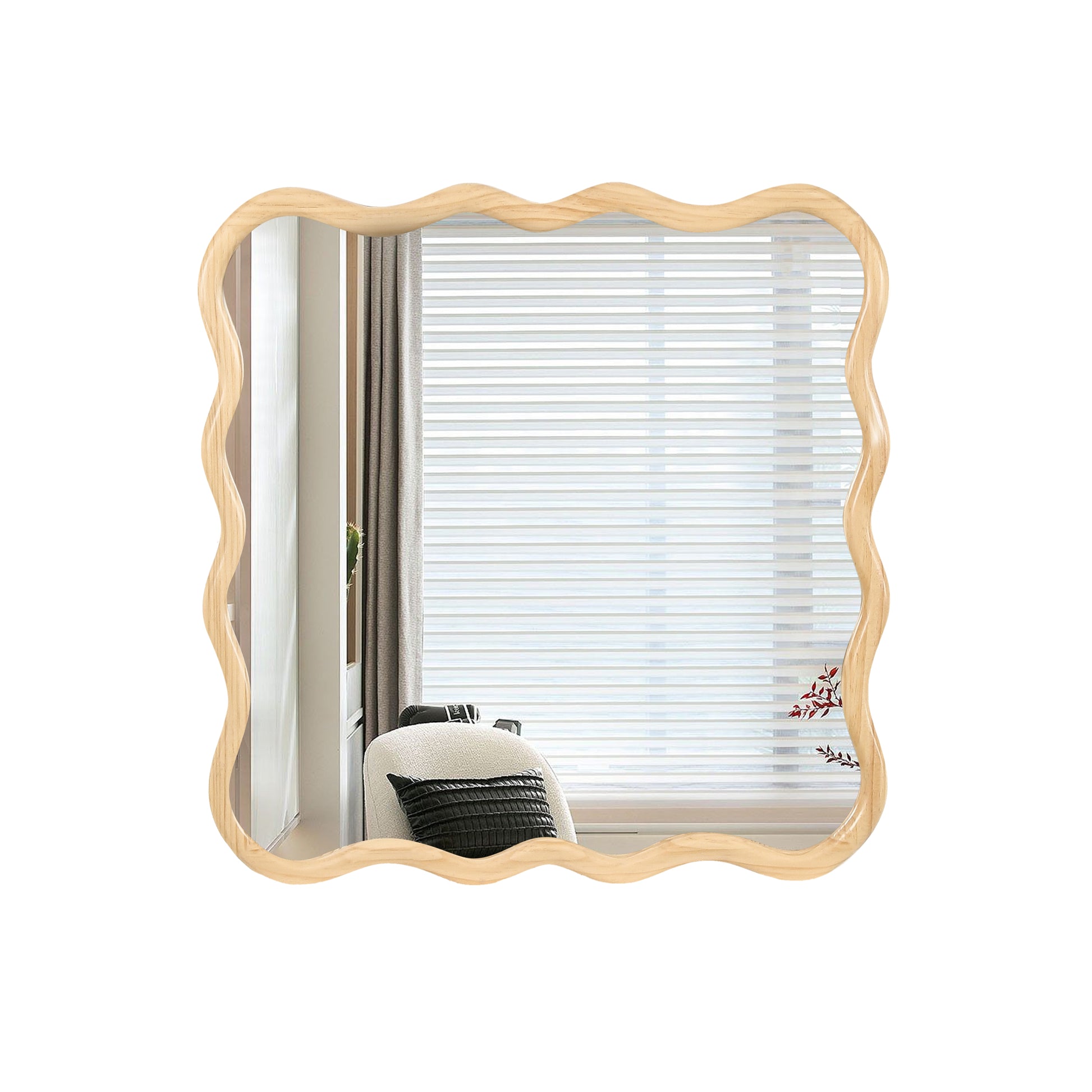 Solid Wood Wavy Square Mirror Natural Wood 36" X 36" Modern Mirror Wall Decor For Bathroom, Bedroom, Living Room, Dining Room, Cloakroom, Entryway Square Framed Natural Wood Living Room Large 33In 40In Glass Solid Wood