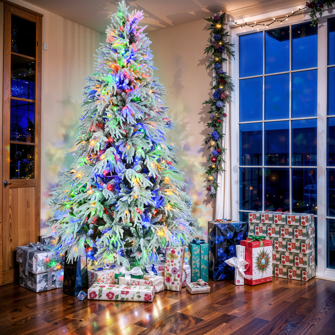 7.5Ft Pre Lit Spruce Snow Flocked Christmas Tree, Artificial Hinged Xmas Tree With 350 Multi Color Led Lights, 8 Flashing Modes &1389 Snow Branch Tips, Holiday Office Home D Cor White Green Polyethylene
