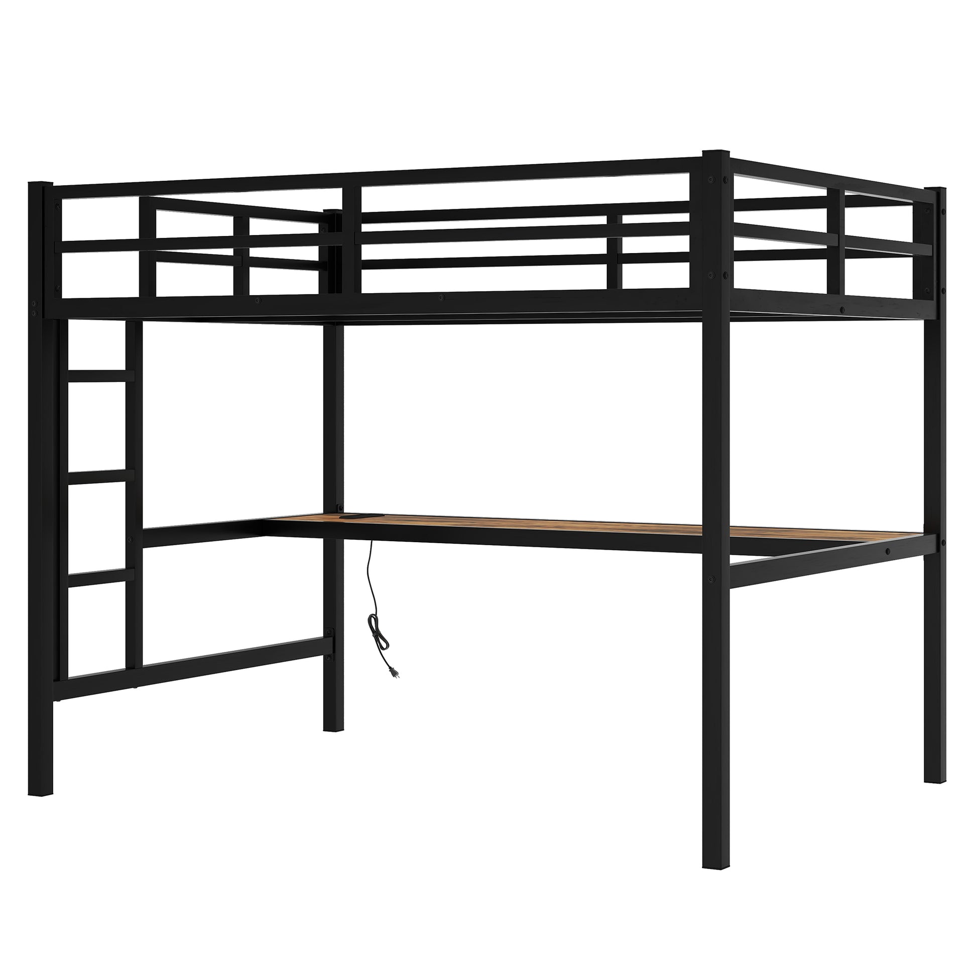 Metal Full Size Loft Bed With Power Outlet And Led Lighted, Space Saving, Noise Reduced, Black Full Black Metal