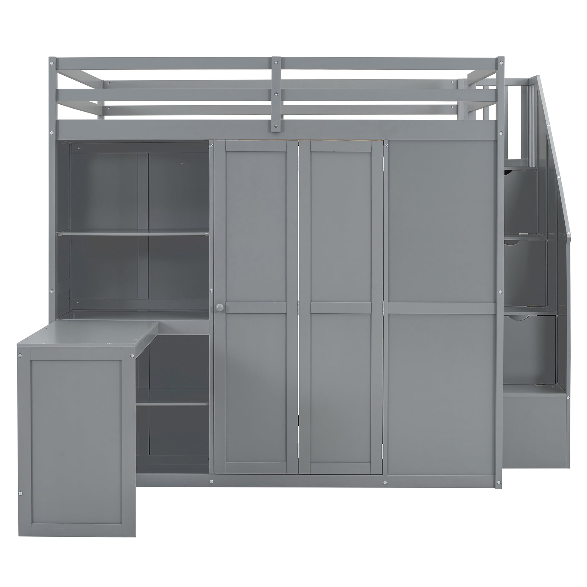 Full Size Bunk Bed With Wardrobe,Desk And Shelves,Grey Grey Mdf Lvl