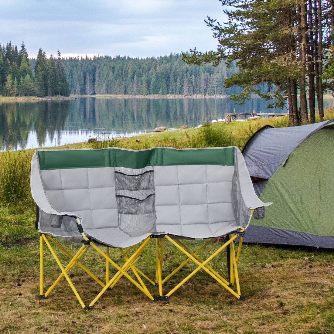 Outsunny Loveseat Style Camping Chair, Oversized Folding Lawn Chair With Carry Bag & Cup Holders, For Outdoor, Beach, Picnic, Hiking, Travel, Green & Gray Green Metal