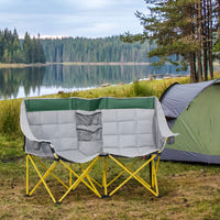 Outsunny Loveseat Style Camping Chair, Oversized Folding Lawn Chair With Carry Bag & Cup Holders, For Outdoor, Beach, Picnic, Hiking, Travel, Green & Gray Green Metal