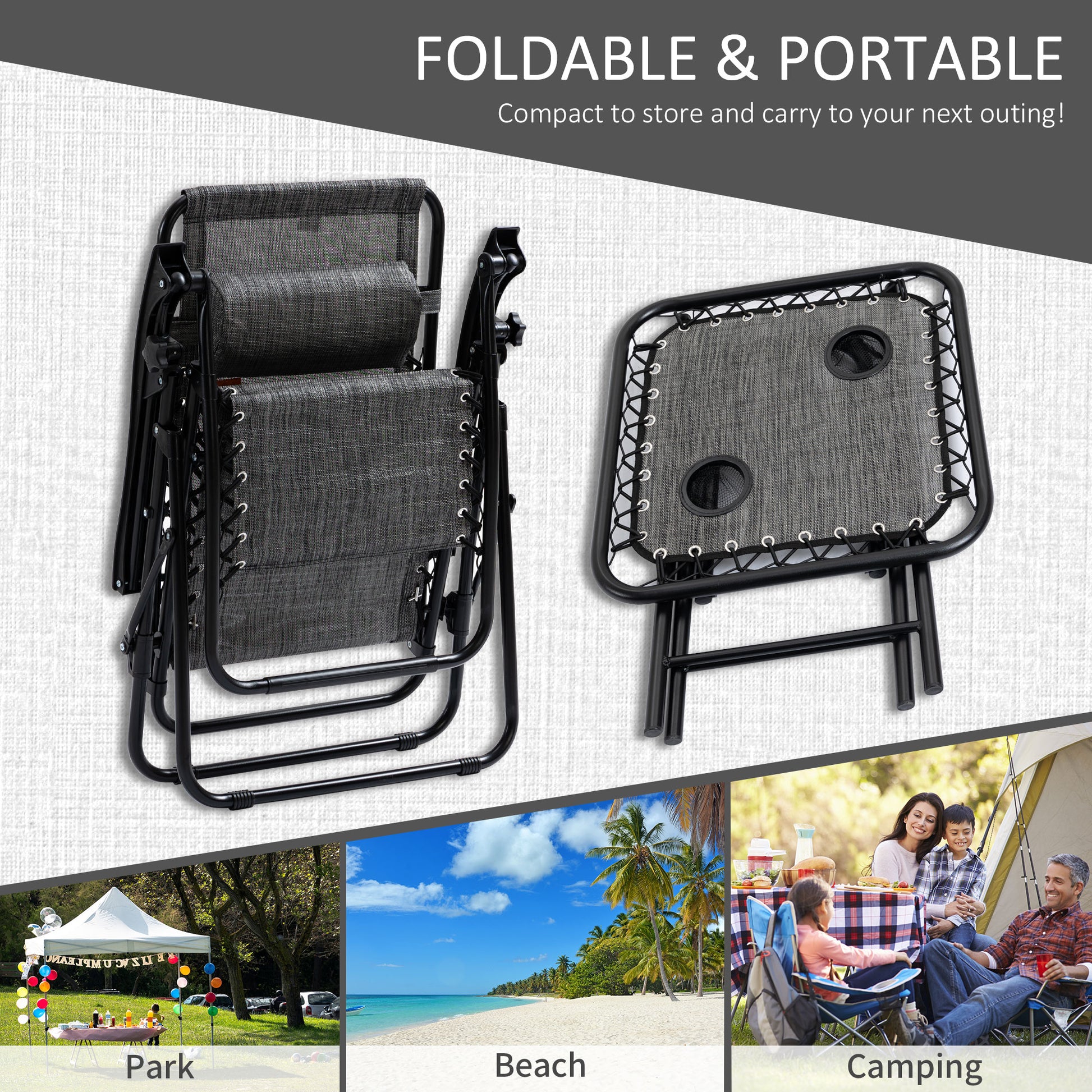 Outsunny Zero Gravity Chair Set With Side Table, Folding Reclining Chair With Cupholders & Pillows, Adjustable Lounge Chair For Pool, Backyard, Lawn, Beach, Gray Grey Steel