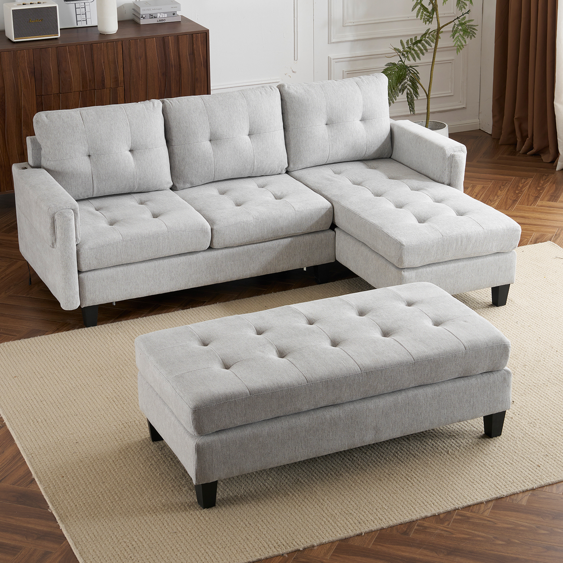 83.4" L Shaped Sofa Sectional Couch Sofa Bed With Two Usb Ports, A Movable Ottoman And A Reversible Chaise Lounge For Living Room, Grey Grey Foam Chenille 5 Seat