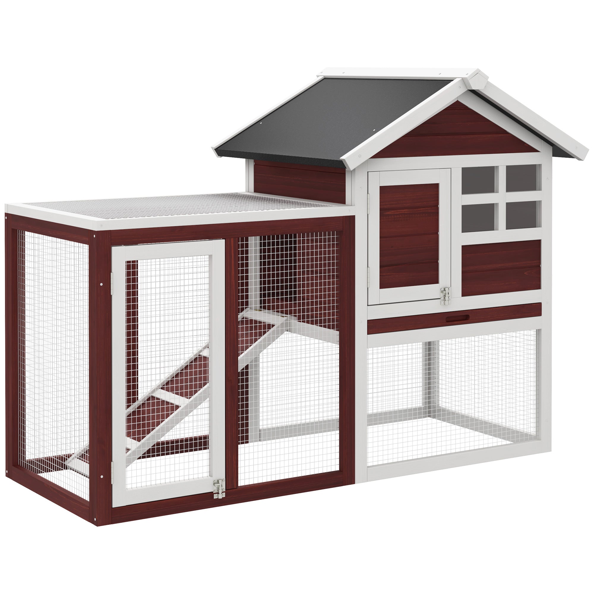 Pawhut 48" Wooden Rabbit Hutch Bunny Cage With Waterproof Asphalt Roof, Fun Outdoor Run, Removable Tray And Ramp, Brown Brown White Wood