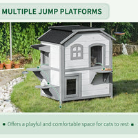 Pawhut 2 Story Cat House Outdoor, Weatherproof Wooden Cat Enclosure For Feral Cats With Escape Door, Openable Roof, Jumping Platforms, White White Wood