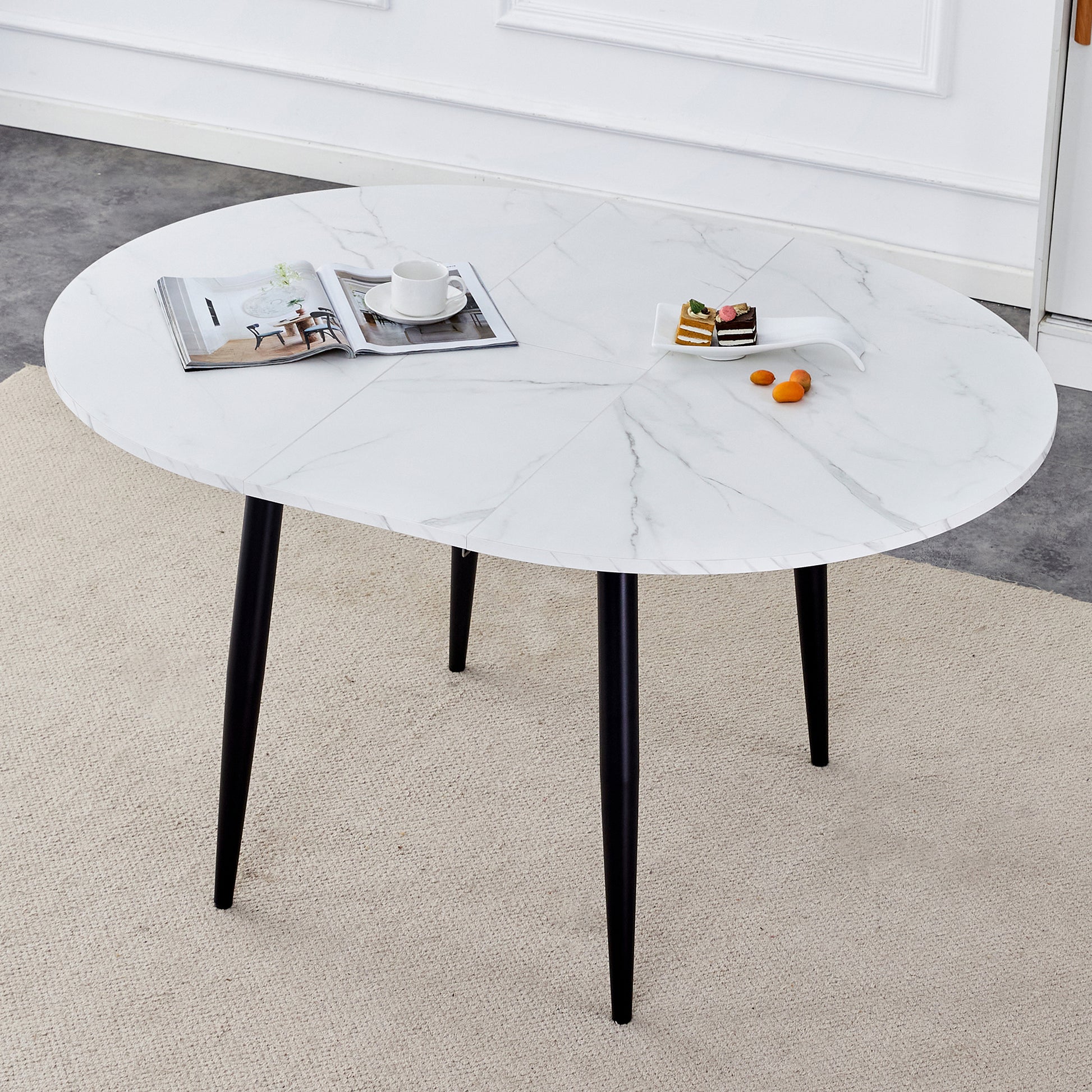 With A Clever Retractable Mechanism, The Mdf Table Top Is Made Of Black Metal Legs And Has A Smooth And Delicate Surface. The Unique Look Creates The Sleekof A Modern Home. White Mdf Metal