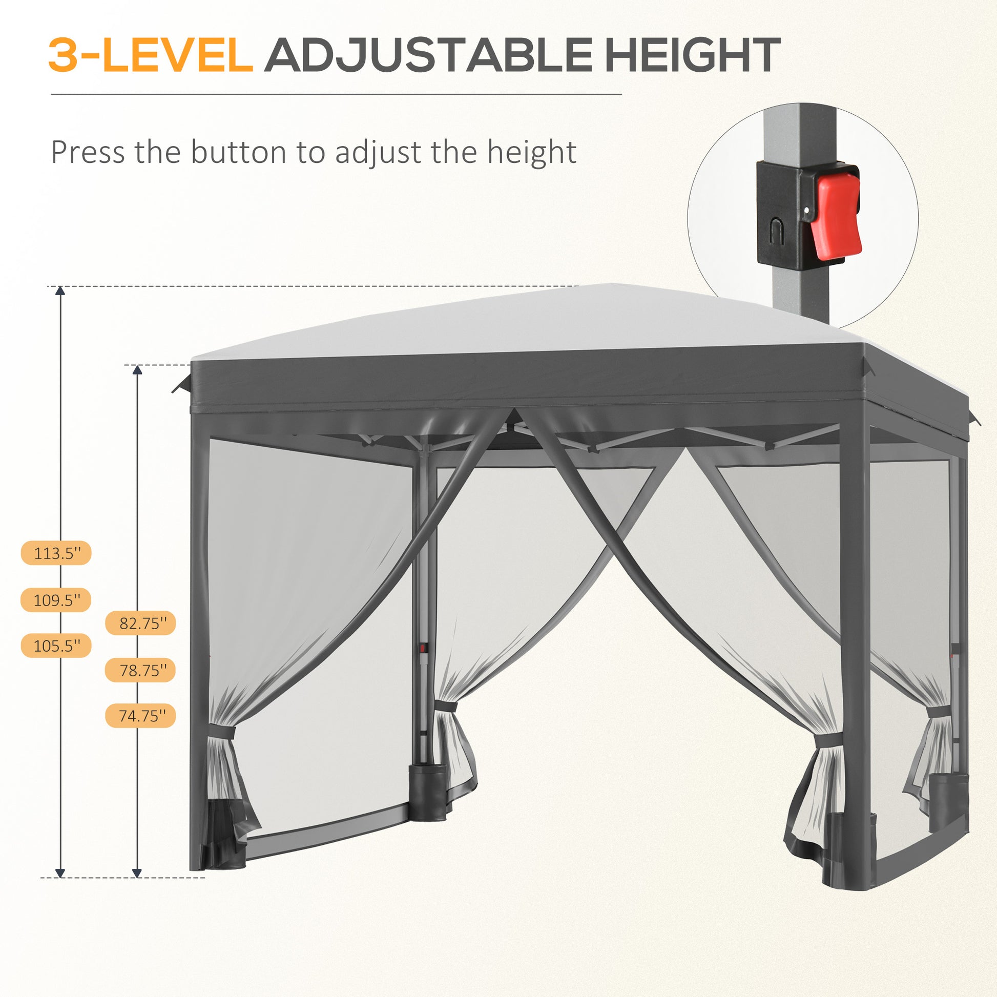 Outsunny 10' X 10' Pop Up Canopy Tent With Netting, Instant Sun Shelter, Tents For Parties, Height Adjustable, With Wheeled Carry Bag And 4 Sand Bags For Outdoor, Garden, Patio, Gray Gray Steel