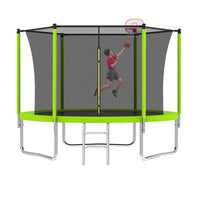 10Ft Trampoline For Kids, Basketball Hoop And Ladder, Outdoor Kids Trampoline With Safety Enclosure,Fast Assembly For Backyard Fun,Astm Approved Green Metal