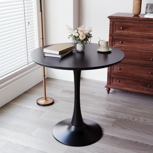 Black Round Table, Modern Dining Table, Mdf Top And Steel Base Tulip Round Kitchen Table, Mid Century Coffee Table For Living Room 24 Inch Black Mdf Metal