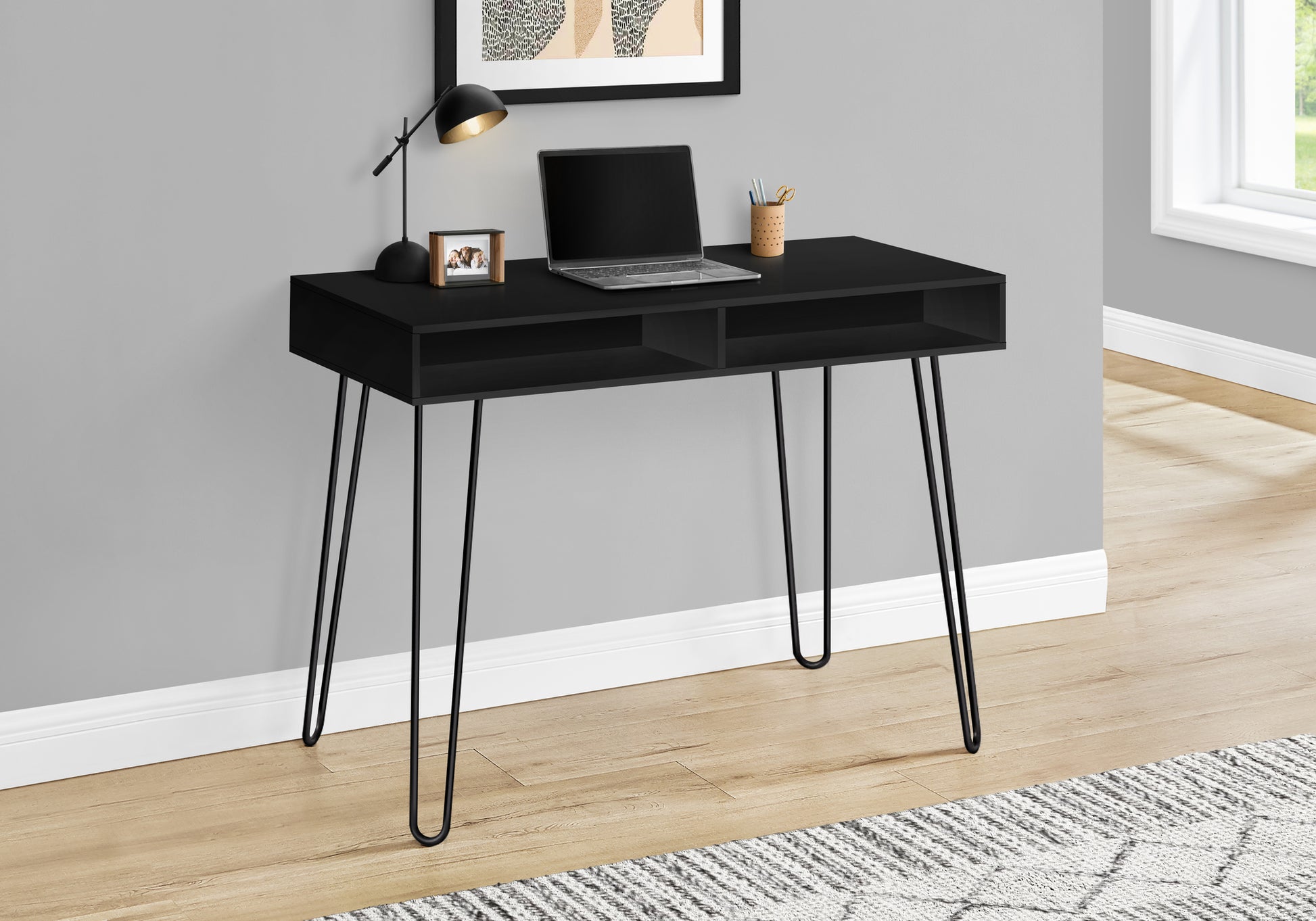 Computer Desk, Home Office, Laptop, Left, Right Set Up, Storage Drawers, 40"L, Work, Black Laminate, Black Metal, Contemporary, Modern Black Particle Board