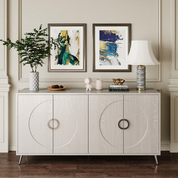 Modern Lacquered 4 Door Wooden Cabinet Sideboard Buffet Server Cabinet Storage Cabinet, For Living Room, Entryway, Hallway, Office, Kitchen And Dining Room, Champagne Silver Lacquered Champagne