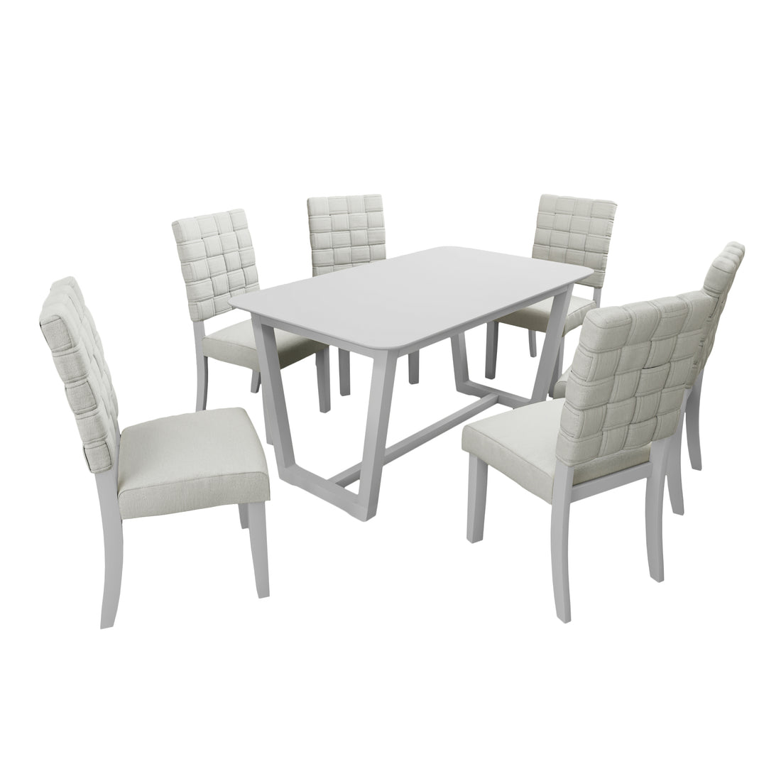 Fx D1 D1Dining Set Include 6*Chair Light Beige Colorlinen & Rubber Wood White Color Legs And 1*Table Light Grey Withe Color Total 7 Pcs Light Beige Wood Fabric