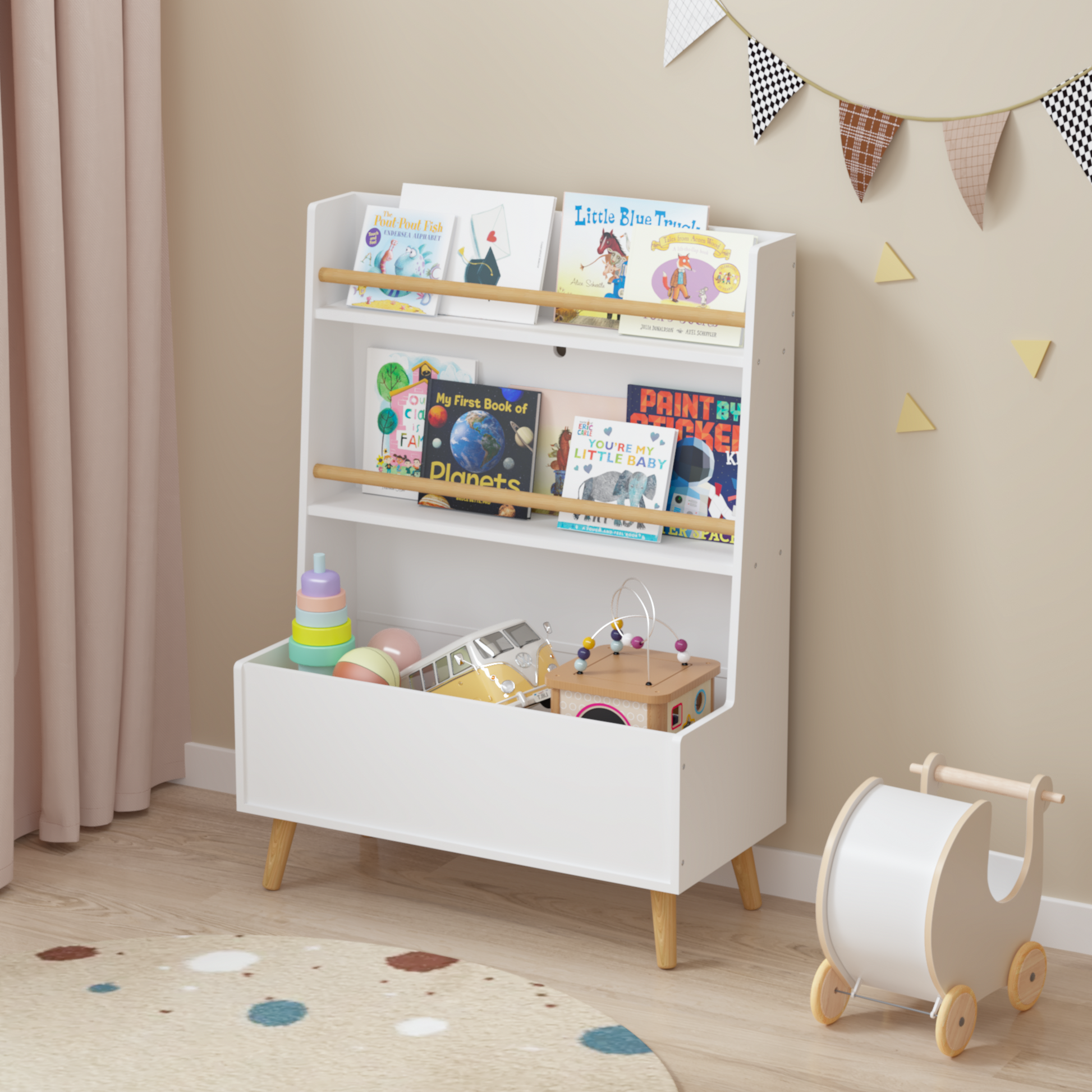 Kids Bookshelf, Book And Magazine Rack, Book Organizer, Toy Storage Cabinet Organizer, White White Mdf