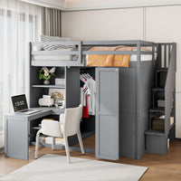 Full Size Bunk Bed With Wardrobe,Desk And Shelves,Grey Grey Mdf Lvl