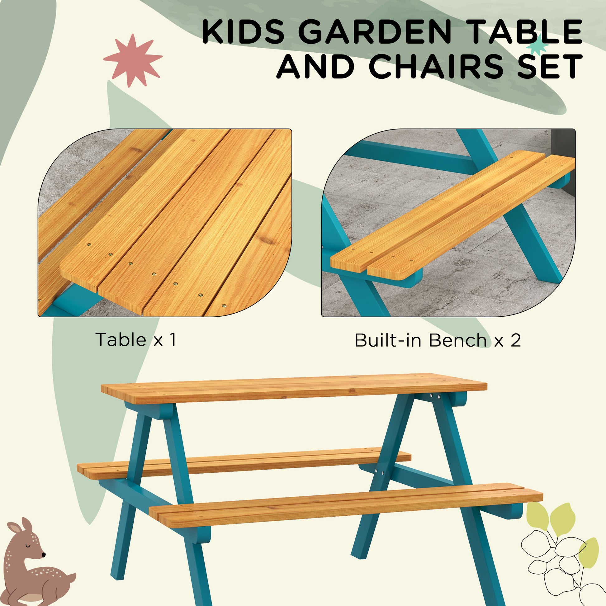 Outsunny Kids Picnic Table Set With Wooden Table, Outdoor Bench Set With Seating For 4 Kids Ages 3 8 Years Old For Patio Garden, Easy Installation, Outdoor Indoor Use, Natural Wood Natural Wood Wood