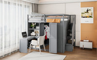 Full Size Bunk Bed With Wardrobe,Desk And Shelves,Grey Grey Mdf Lvl